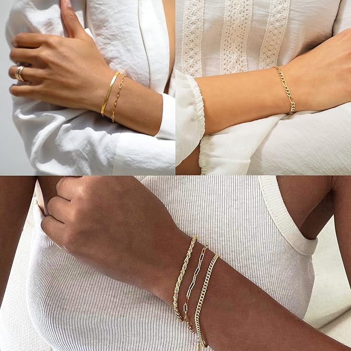 DEARMAY 14K Gold Plated Bracelets for Women, Jewelry Sets Cute Tennis Beaded Bracelets Cuban Link Paperclip Chain Dainty Bracelet Pack Gifts