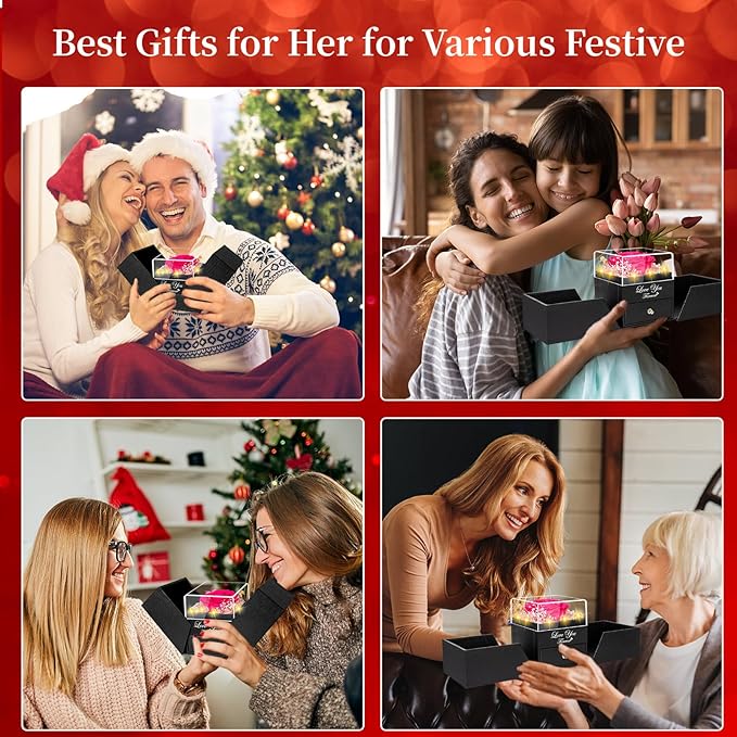 Preserved Dark Pink Real Rose with Heart I Love You Necklace -Eternal Flowers Rose Birthday Gifts for Women Her Mom Wife Girlfriend Grandma on Valentines Mothers Day Christmas Anniversary Romantic