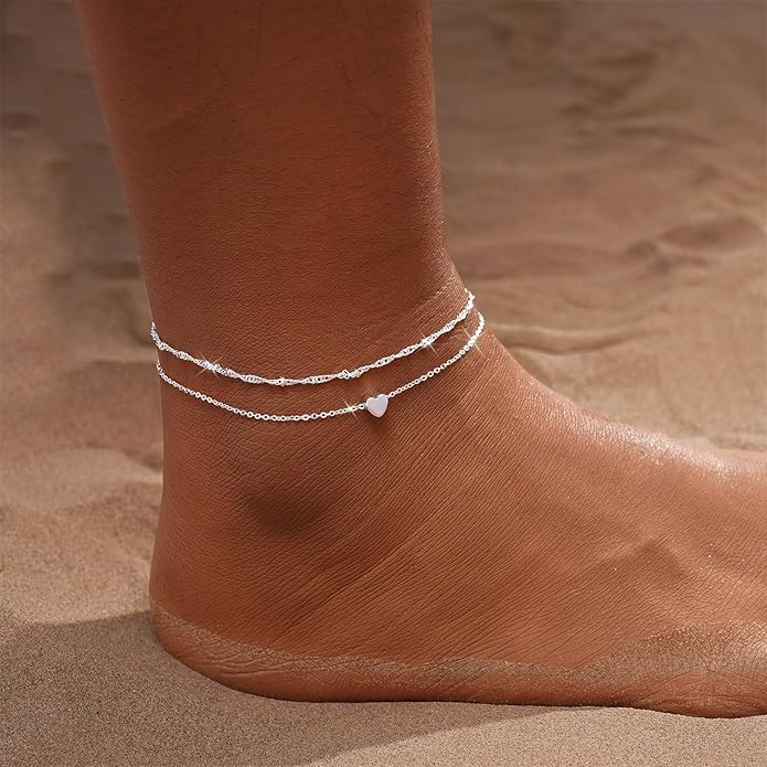 Gold Ankle Bracelets for women,14k Gold/Silver Plated Waterproof Layered lightweight Cuban Link Figaro Chain Heart anklet butterfly anklet Pearl Ankle Bracelets Set Gold Anklets for women Trendy Jewelry Gift for Women