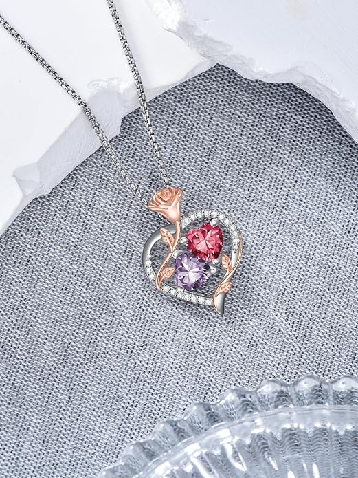 Christmas Gifts for Women Rose Heart Birthstone Pendant Necklace I Love You Forever Jewelry Valentine Mothers Day Birthday Gifts for Women Her Wife Girlfriend