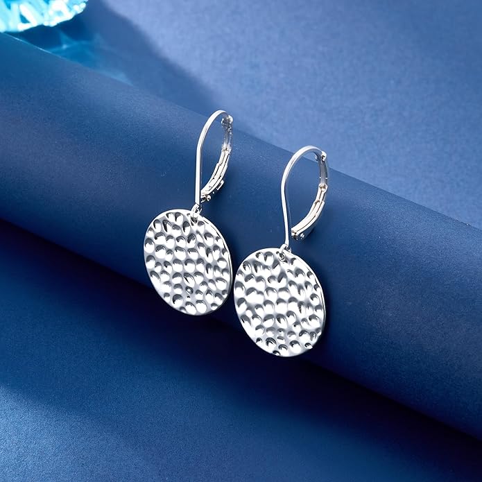 ALEXCRAFT 925 Sterling Silver Dangle Earrings for Women, 14K Gold Plated Geometric Flat Round Disc Hammered Coin Drop Earring Hypoallergenic Lightweight Leverback Earrings for Women Trendy Jewelry