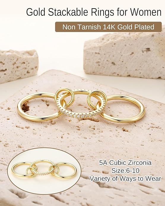 Gold Stackable Rings for Women, Non Tarnish 14K Gold Plated Cubic Zirconia Mixed Metals Stacking Connected Rings Set Jewelry Gifts