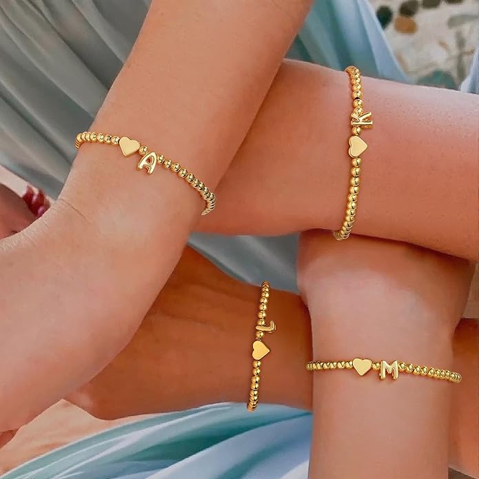 M MOOHAM Stocking Stuffers for Teen Girls Women - Dainty Gold Initial Beaded Bracelets for Women Trendy, Charm Letter A-Z Personalized Bracelet Jewelry Kids Christmas Gifts