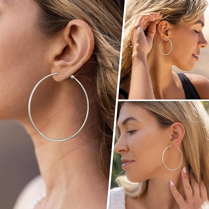 Big Gold Hoop Earrings for Women Hypoallergenic 925 Sterling Silver Post Thin Loop 14K Gold Plated Hoop Earrings Set for Women, 3 Pairs