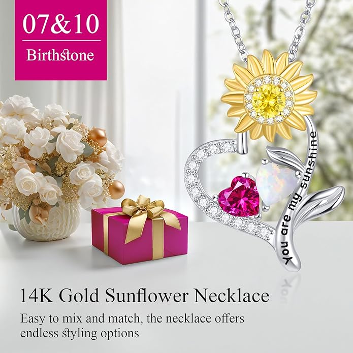 PERJI Valentine's Day Gifts for Women - 925 Sterling Silver Double Birthstone Sunflower Necklace, Anniversary Birthday Jewelry You are My Sunshine Gifts for Wife Couple Girlfriend 18"+2" Non Tarnish