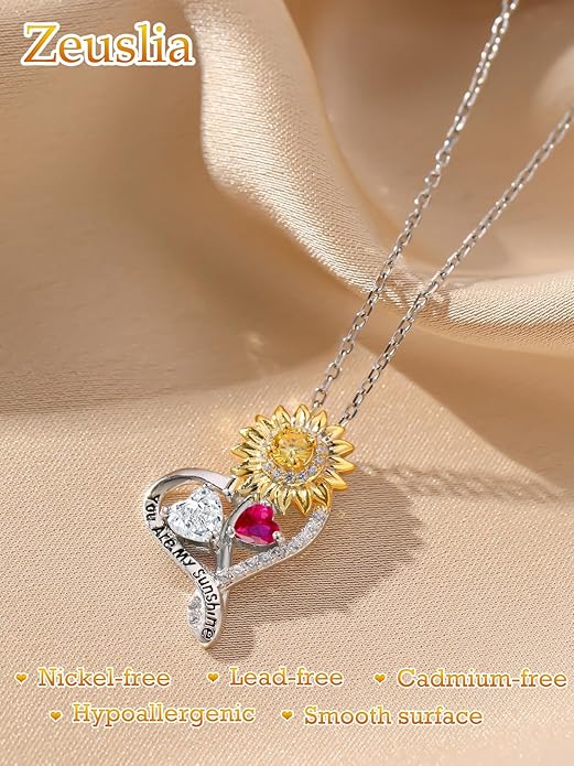 Zeuslia Double Birthstone Necklace Gifts for Wife - 925 Sterling Silver Sunflower/Rose/Crown Cross/Compass/Heart Pendant I Love You Necklace, Anniversary Birthday Gifts for Wife Girlfriend Mom Her