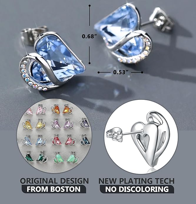 Earrings for Women, Mothers Day Gift for Mom, Heart Birthstone Crystal Stud Earring, Silver Plated Birthday Jewelry