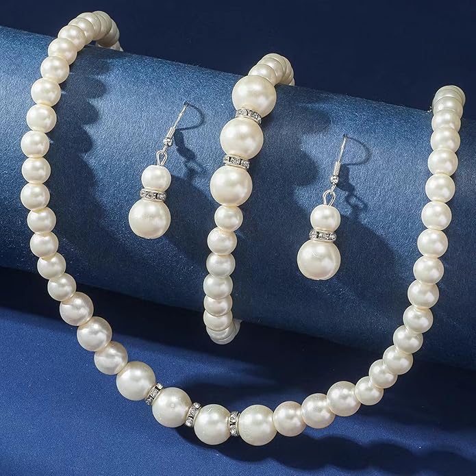 la luen Pearl Bride Wedding Jewelry Set Faux Pearls Crystal Rhinestone Necklace Earrings Bracelet Sets for Women Bridesmaid(3 PCS)