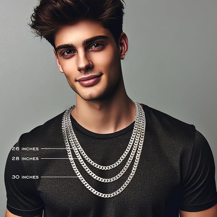 waitrose 7mm Silver Chain for Men Miami Cuban Link Mens Chain,925 Sterling Silver/14K Gold Plated and 316L Stainless Steel Silver/Gold Chains for Men Necklace