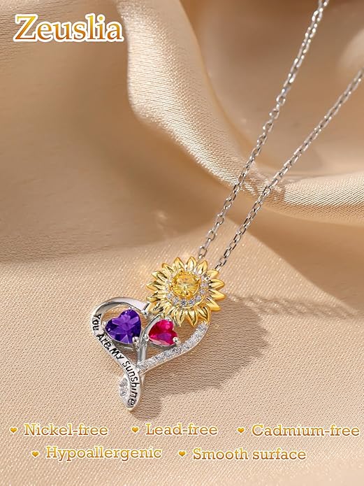 Zeuslia Double Birthstone Necklace Gifts for Wife - 925 Sterling Silver Sunflower/Rose/Crown Cross/Compass/Heart Pendant I Love You Necklace, Anniversary Birthday Gifts for Wife Girlfriend Mom Her