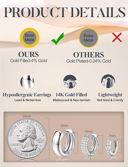 LOLIAS Small 14K Gold Plated Chunky Hoop Earrings for Women Hypoallergenic Silver Earrings Set for Sensitive Ears Non Tarnish Huggie Hoops Earring Stacks for Multiple Piercing Jewelry Lightweight 3Pairs