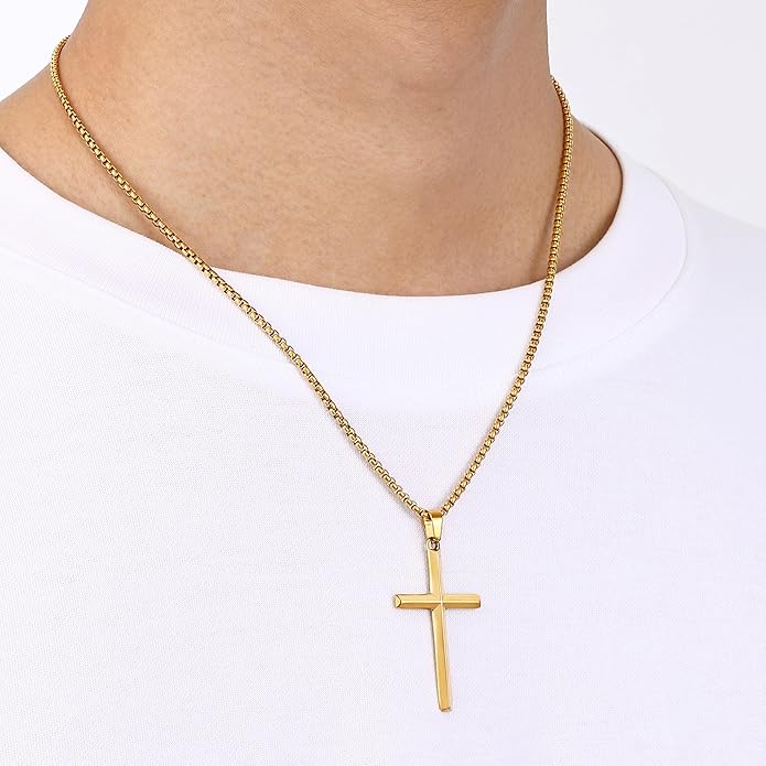 Fiusem Beveled Edge Cross Necklace for Men, Silver Tone/Black/14K Gold Plated Mens Cross Necklace, 2.5MM Stainless Steel Box Chain with Pendant