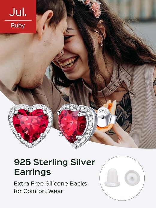 ChicSilver 925 Sterling Silver Birthstone Earrings for Women, 8MM/2 Carat Heart & Round Cubic Zirconia Stud Earrings, Hypoallergenic Jewelry, Ideal Birthday or Christmas Gifts