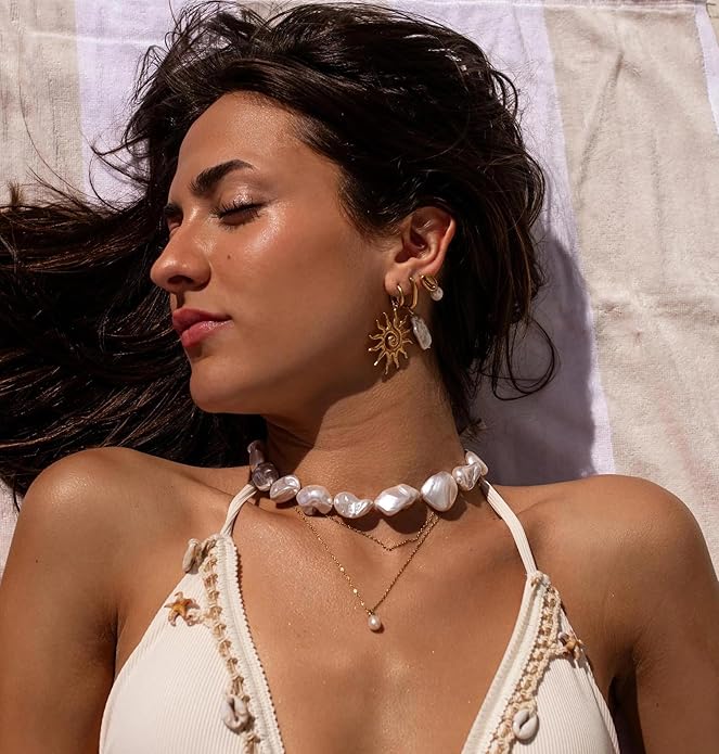 Chunky Statement Stone Beaded Necklace, Big Baroque Pearl Gold Choker, Trendy Boho Colorful Stone Jewelry