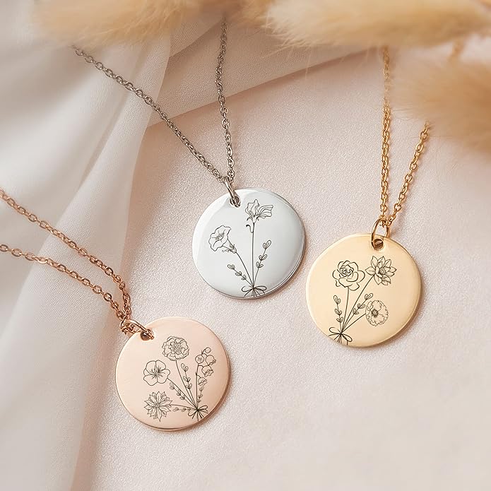 Anavia -Build Your Own Bouquet- Birthmonth Flowers Necklace, Personalized Engraved Floral Coin Necklace, Customized Birthday Gifts Love Jewelry for Her Mom Sisters Family