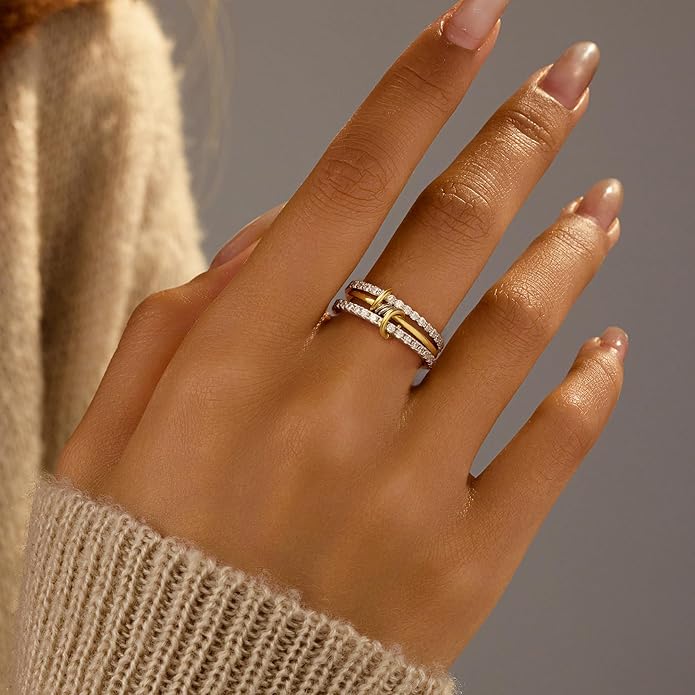 SUYACS 14K Gold Plated Interlocked Stackable Rings for Women Non Tarnish 925 Sterling Silver Mixed Metals Multi Statement Stack Ring Two Tone Connected Bands CZ Thumb Ring Jewelry Gifts