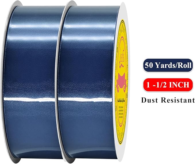 LEEQE 100 Yards Navy Blue Satin Ribbon Polyester Ribbon for Gift Wrapping Very Suitable for Weddings Party Hair Bow Invitation Decorations and More（1-1/2 inch X 50Yards X 2 Roll）