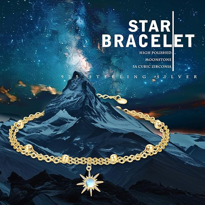 Sun Bracelet/Anklet 925 Sterling Silver Moonstone Star Sunburst Adjustable Ankle Bracelet Star Celestial Jewelry for Women Daughter Friend Sister