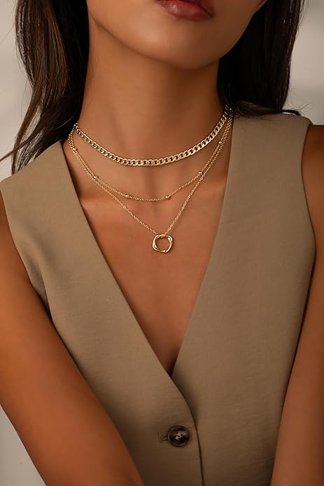 Layered Necklace for Women 14K Gold Plated Dainty Paperclip Herringbone Pearl Cross Pendant Necklace Stack，Layering Chain Cuban Figaro Rope Chain Choker Trendy Gold Jewelry Gift
