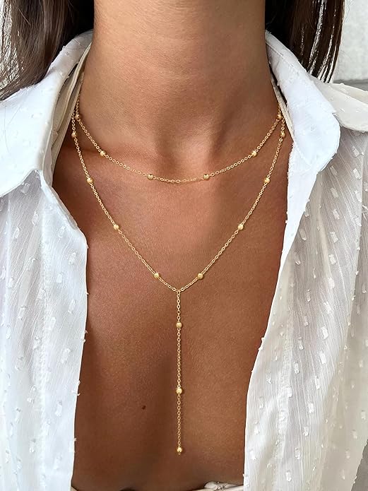 Long Gold Necklace for Women Trendy, Dainty Layered Lariat Necklace 14k Gold Plated Silver Y Shaped Beaded Chain Non Tarnish Drop Necklaces Simple Adjustable Jewelry Gift