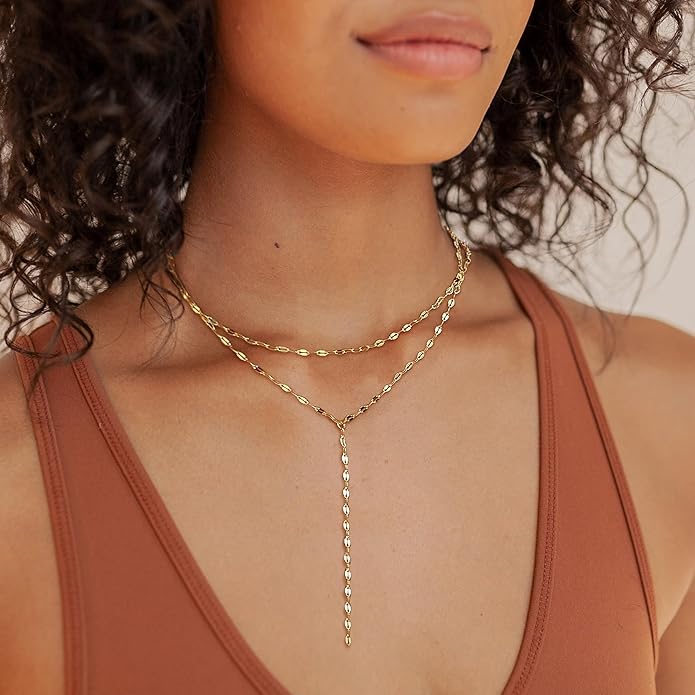 Gold Necklace for Women, Dainty Gold Long Necklaces 14k Gold Plated Prom Bar CZ Lariat Necklace Simple Choker Necklaces for Women Trendy Boho Fashion Costume Jewelry Womens