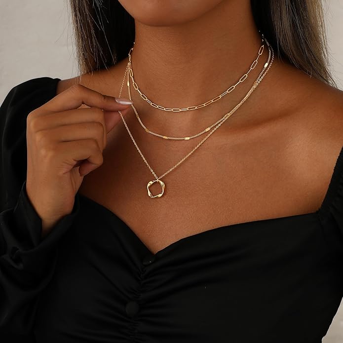 Layered Necklaces for Women 14K Gold Plated Stack Circle Pendant Trendy Long Chain Stackable Handmade Coin Necklace Set Dainty Gold Stacked Jewelry Gifts