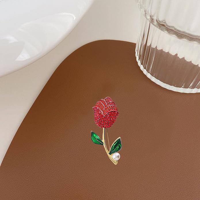 Just Follow Red Rose Flower Brooch with Rhinestones Sparkling Floral Pin for Women Vintage Blazer Jacket Dress Hat Scarf Accessory