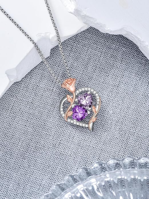 Christmas Gifts for Women Rose Heart Birthstone Pendant Necklace I Love You Forever Jewelry Valentine Mothers Day Birthday Gifts for Women Her Wife Girlfriend