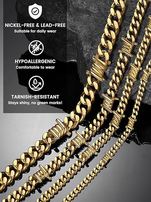 Bestyle Barbed Wire Necklace 5/7/9/12mm Mens Chain Necklaces Hip-hop Punk Gothic Stainless Steel Chain Heavy Thick Cuban Link Chain for Men Women, Length 16/18/20 Inch