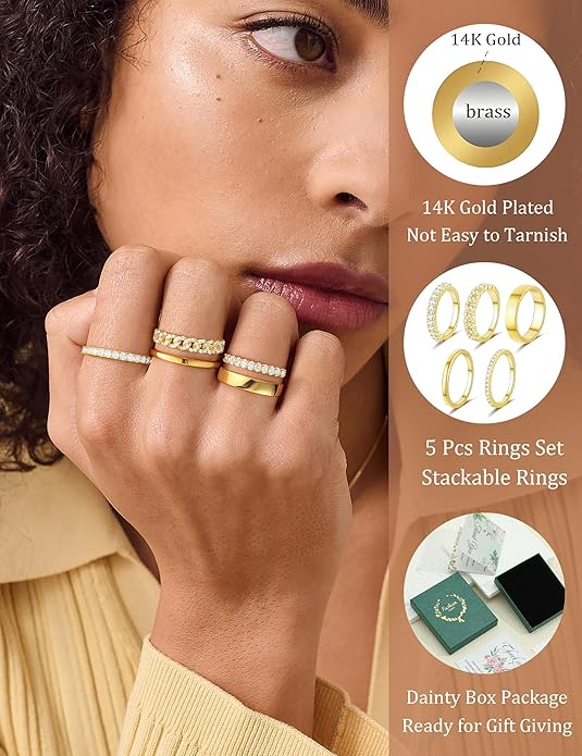 Stackable Gold Rings for Women Non Tarnish Wedding 14K Gold Plated Stacking Cubic Zirconia Thumb Ring Set Stack Engagement Eternity Dainty Bands Pinky Statement Promise Gold Jewelry Size 6-10