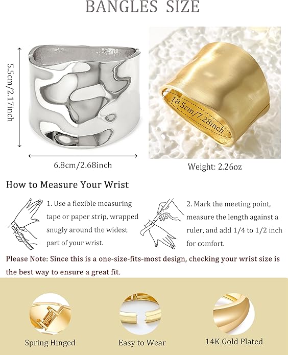 Bangle Bracelets for Women | 14K Gold Plated Trendy Wide Bracelets | Hinged Arm Cuff Bangles Chunky Bracelet for Women