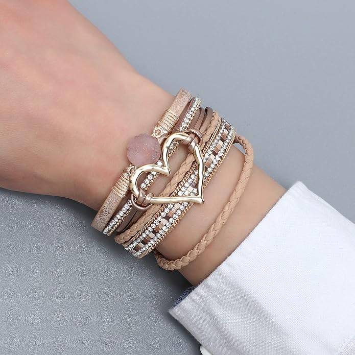 Leather Wrap Bracelet for Women Beaded Cuff Bracelet with Heart-shape Decor Bohemian Crystal Bracelet Jewelry with Clasp Bangle Bracelet for Women Girls Birthday Holiday Gift