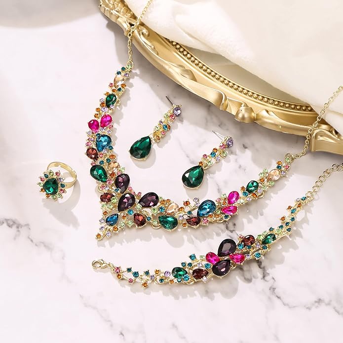 BriLove Wedding Bridal Jewelery for Women Austrian Crystal Teardrop Cluster Statement Necklace Dangle Earrings Link Bracelet Set