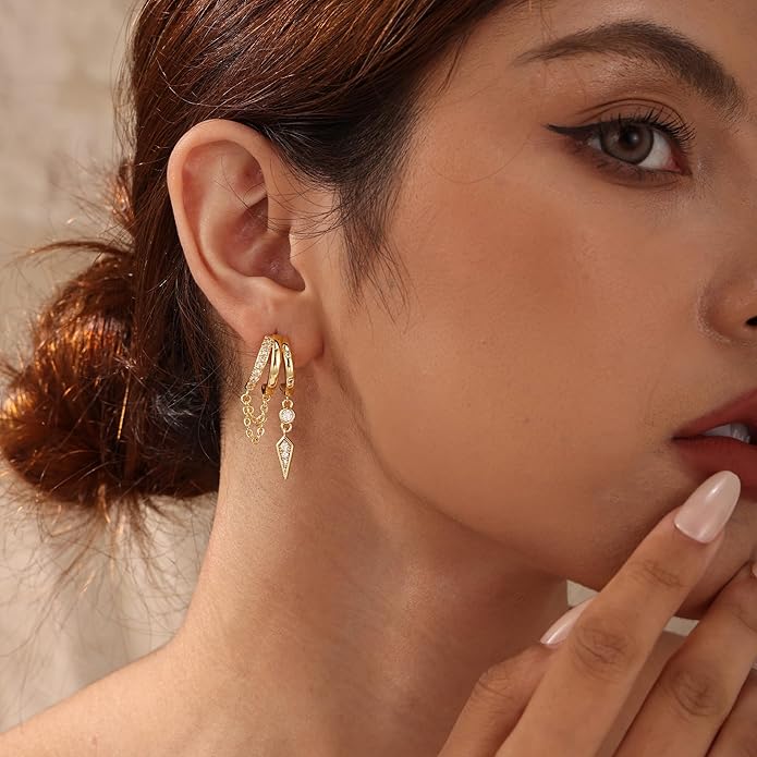 Dangle Earrings for Women,14k Gold Plated Triple Huggie Stud Earrings Dainty Drop Earrings for Women Trendy Gold Statement CZ Long Chain Earrings Non Tarnish Jewelry