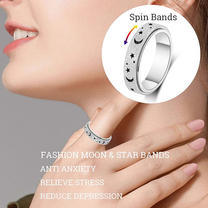 AmorArtSky Anxiety Ring for Women Men, Titanium Stainless Steel Spinner Ring, 5 Colors, 6MM, Size 6-10, 3 Styles Anxiety Ring-Moon Star, Sandblasted Finished, Hollow Outer