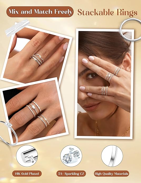 THUNARAZ 8Pcs Stackable Rings for Women Non Tarnish 14K Gold Plated Stainless Steel Dainty Rings Set Minimalist Thin Thumb Ring Cubic Zirconia Wave Statement Ring Bands for Women Size 5-10