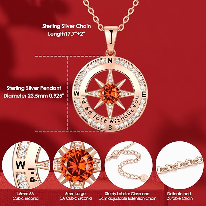 Zifeel Compass Necklace Gifts for Women wife - S925 Sterling Silver Birthstone Necklaces for Women - Anniversary Birthday Gifts for Her Wife Girlfriend - Valentines Mom Mothers Day Christmas Gifts Jewelry for Women