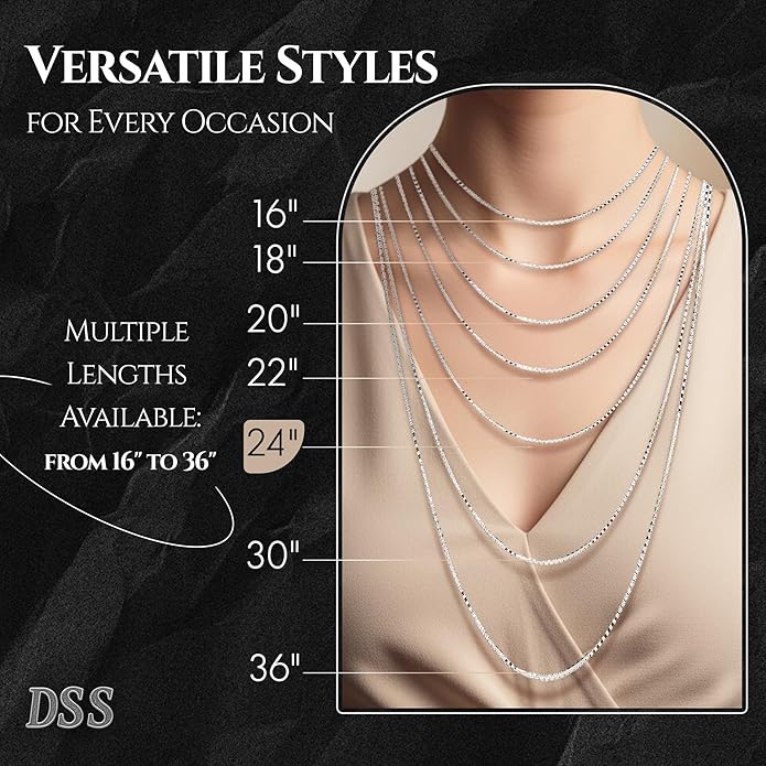 DSS 925 Sterling Silver Necklace for Women, Box Chain 1.5mm, Lobster Claw Clasps, Sterling Silver Chain, Italian Jewelry for Women, 16in - 36in