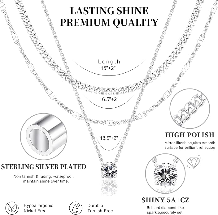 WomenGifts Layered Gold Necklaces for Women, 14K Gold Sterling Silver Plated Dainty Pendant Necklace Set with Cubic Zirconia Circle, Chunky Stackable Cuban Chain Choker, Trendy Personalized Birthstone Jewelry Gift Non Tarnish