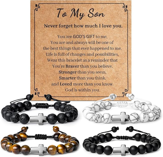 Romass 2Pcs Cross Bracelet for Men,Tiger Eye Beaded Bracelets 8MM Natural Stone Adjustable Jewelry Christian Easter Christmas Gifts Box