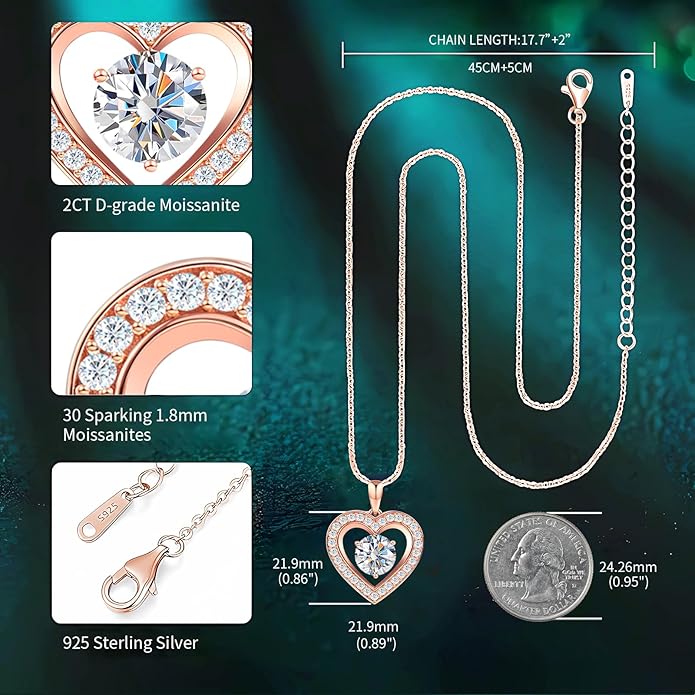 31-Stone Birthstone Heart Necklace for Women | 2ct Moissanite & 30 Sparkling Accents | Valentine's Day, Birthday,Mother's Day, Christmas Gift for Wife, Mother, Girlfriend