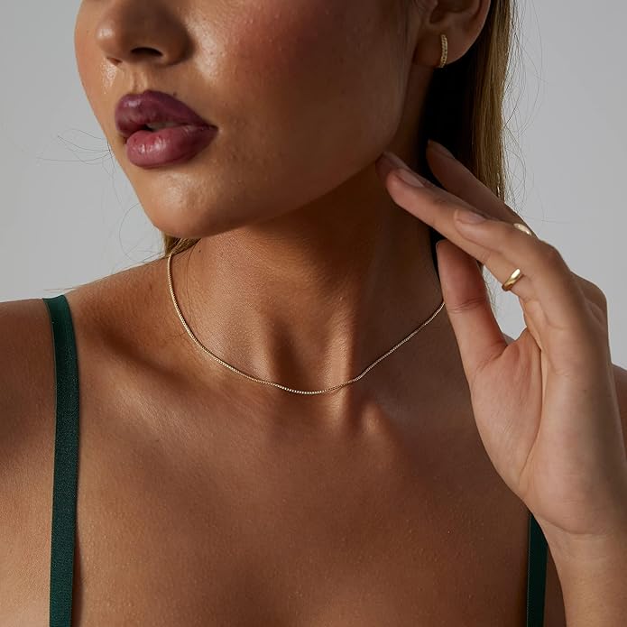 14K Gold Necklace for Women, Womens Dainty Chain Necklace Plated Shining Dots Satellite Choker Box Chain, Women Layering Necklaces