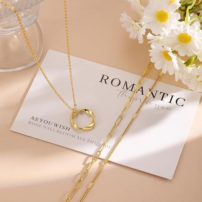 Layered Necklaces for Women 14K Gold Plated Stack Circle Pendant Trendy Long Chain Stackable Handmade Coin Necklace Set Dainty Gold Stacked Jewelry Gifts