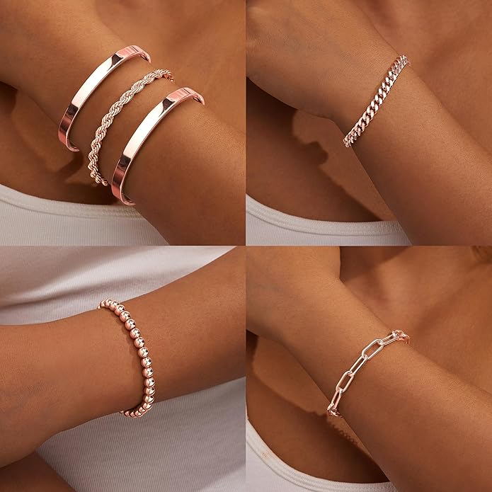 Gold Bracelets for Women Non Tarnish, 14K Gold Plated Chunky Cuff Bracelet Gold Bangles Bracelet for Women Trendy Tie Knot Cuban Rope Paperclip Beaded Bracelet Stack Jewelry Gifts