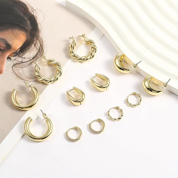 6 Pairs Gold Hoop Earrings for Women, 14K Gold Plated Chunky Huggie Hoop Earrings Set Hypoallergenic, Lightweight Twisted Open Hoops Jewelry for Christmas/Birthday Gifts.
