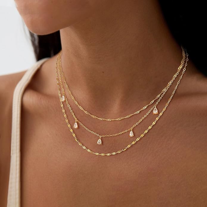 Layered Necklaces for Women, Dainty Gold Necklace Stack 14k Gold Plated Layering Cubic Zirconia Choker Necklaces for Women Trendy Simple Layered Gold Necklace Set Fashion Jewelry
