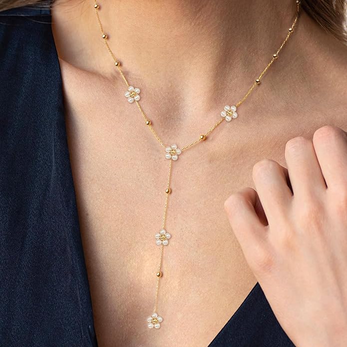 SmileBelle Pearl Necklaces for Women, Daisy Pearl Choker as Y Shaped Pearls Jewelry Gold Heart Necklace for Anniversary Birthday Gifts White Baroque Necklace as Wedding Jewelry