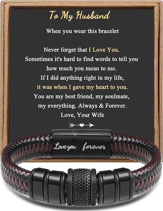𝐆𝐢𝐟𝐭 𝐟𝐨𝐫 𝐌𝐞𝐧 Braided 𝐋𝐞𝐚𝐭𝐡𝐞𝐫 𝐁𝐫𝐚𝐜𝐞𝐥𝐞𝐭 for Men Dad Husband Boyfriend Son Grandson Brother Stainless Steel Clasp Engraved with Love You Forever Jewelry Birthday Gift 7.5 8.5 9 Inch