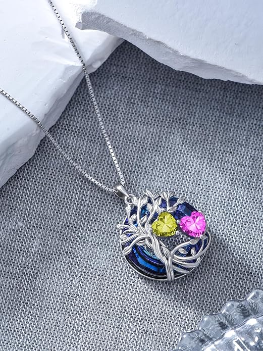 TOUPOP s925 Sterling Silver Family Celtic Tree of Life Pendant Necklaces with 2 Heart Birthstone with Blue Austrian Crystal Jewelry Birthday Anniversary Christmas Gifts for Her Wife Girlfriend Mom (18K Real White Gold Filled)