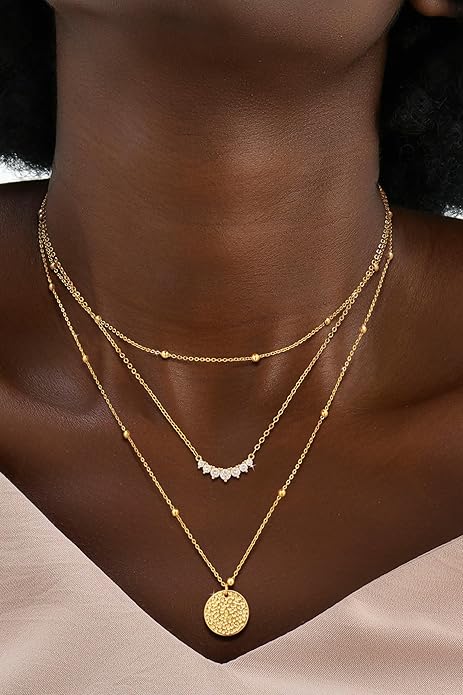 ASCOMY Gold Necklace for Women 14K Gold/Silver Plated Layered Necklaces Stackable Layering Cross Necklace Stacked Coin Pendant Pearl Herringbone Chain Stacking Gold Choker Trendy Jewelry Gift for Her